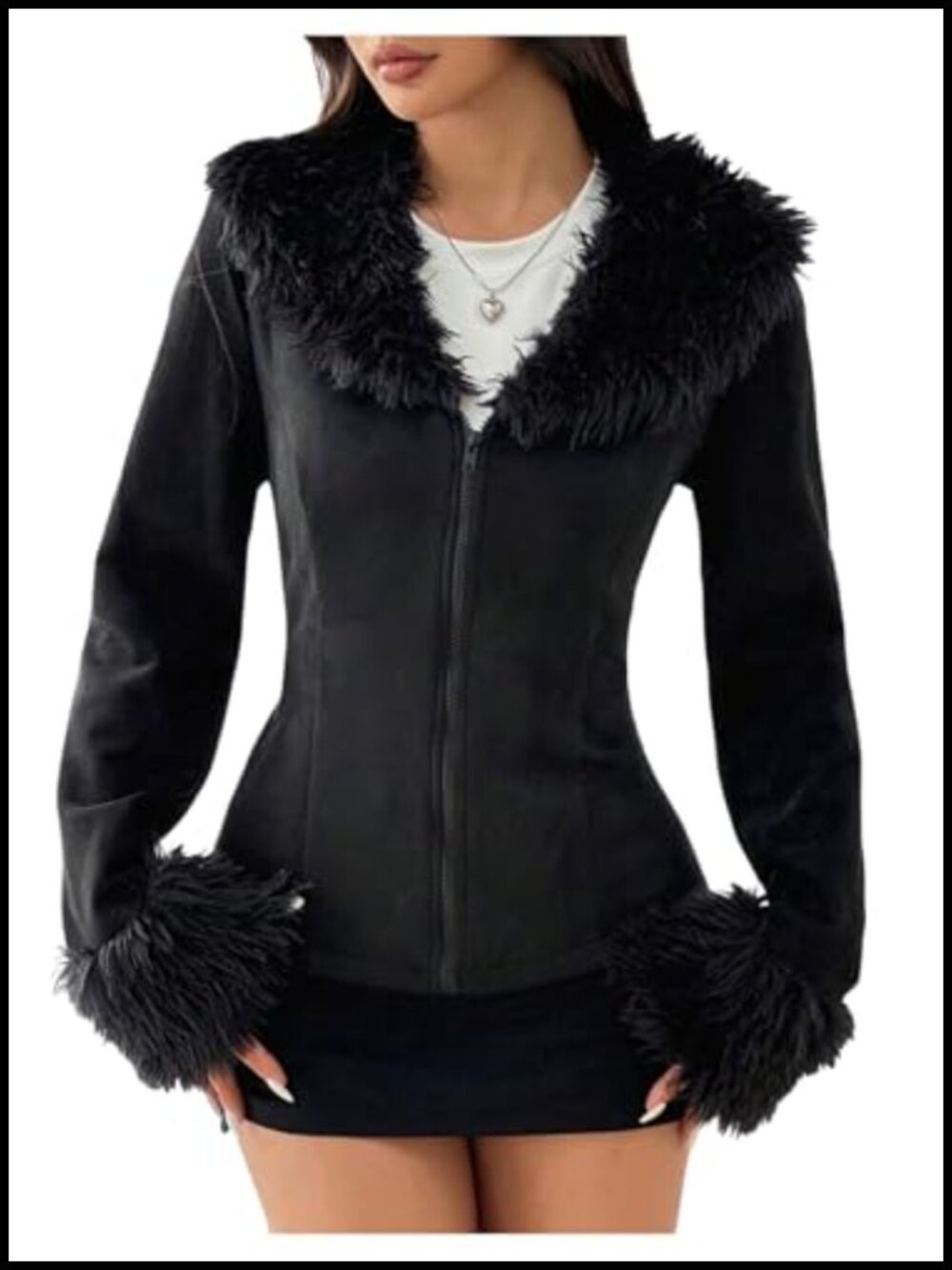 Suede Jacket Faux Fur Collar Zip Up Long Sleeve Fuzzy Casual Outerwear
